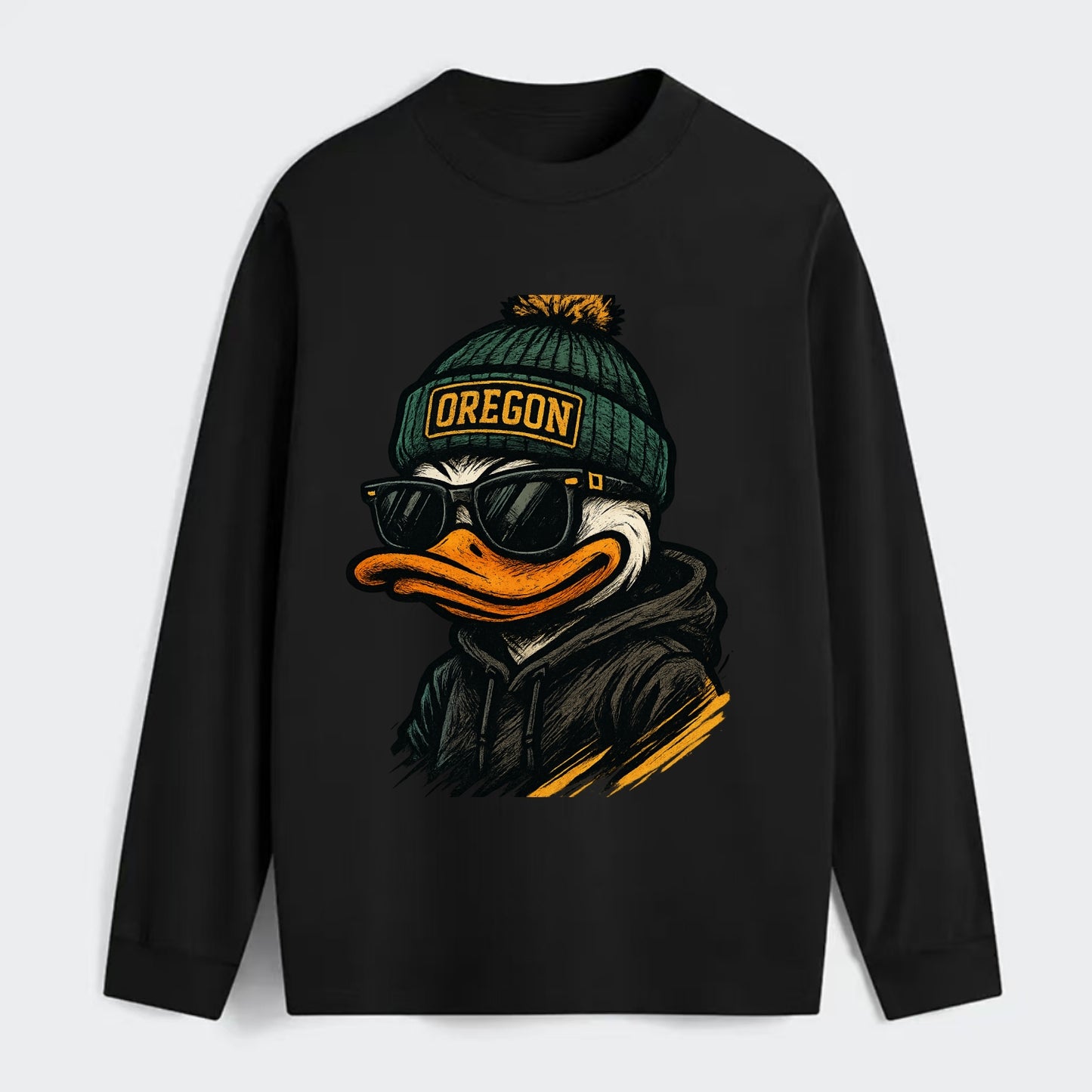 Eugene Duck wearing Oregon beanie with O patch - Classic Long Sleeve Shirt - Black