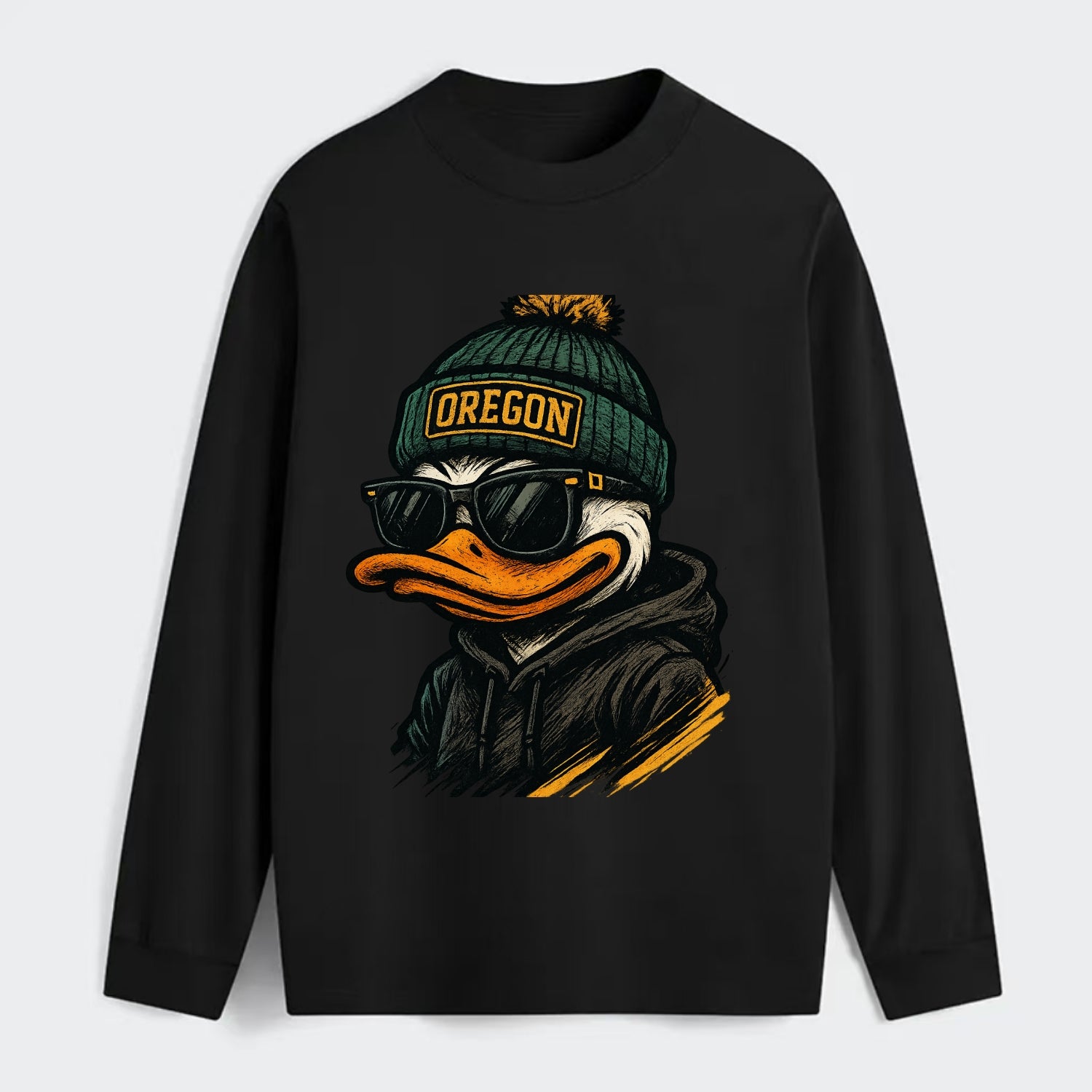 Eugene Duck wearing Oregon beanie with O patch - Classic Long Sleeve Shirt - Black