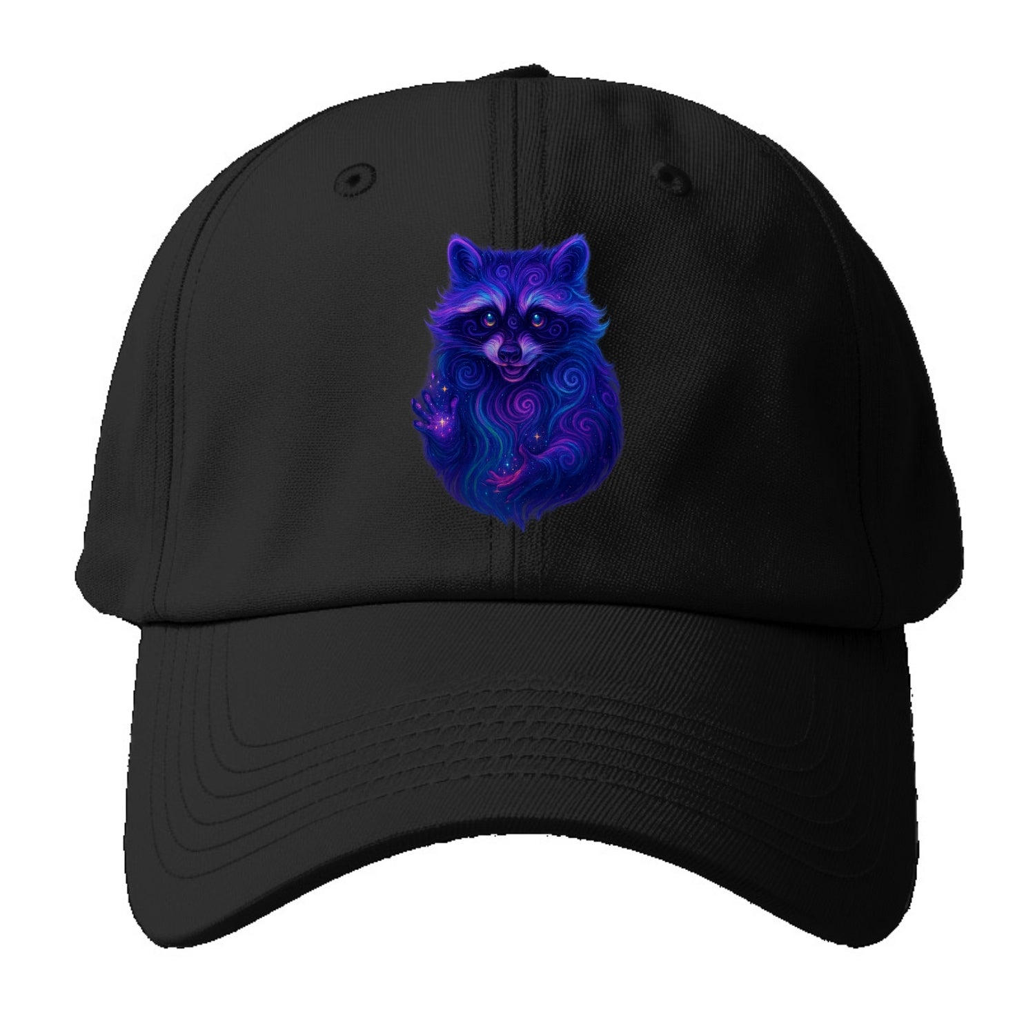 Playful raccoon with mask swirling in hypnotic patterns, neon purple and green fur - Baseball Cap - Black
