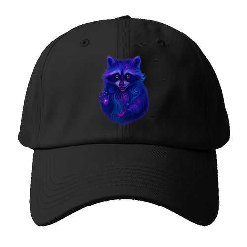 Playful raccoon with mask swirling in hypnotic patterns, neon purple and green fur - Baseball Cap