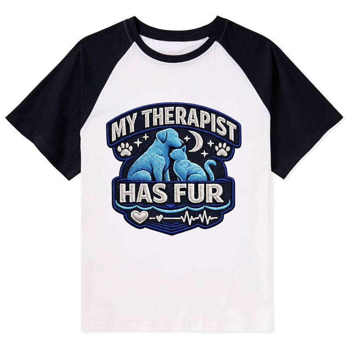 MY THERAPIST HAS FUR - pet silhouette in calming blue , emotional support - Contrast Raglan T-shirt - Black