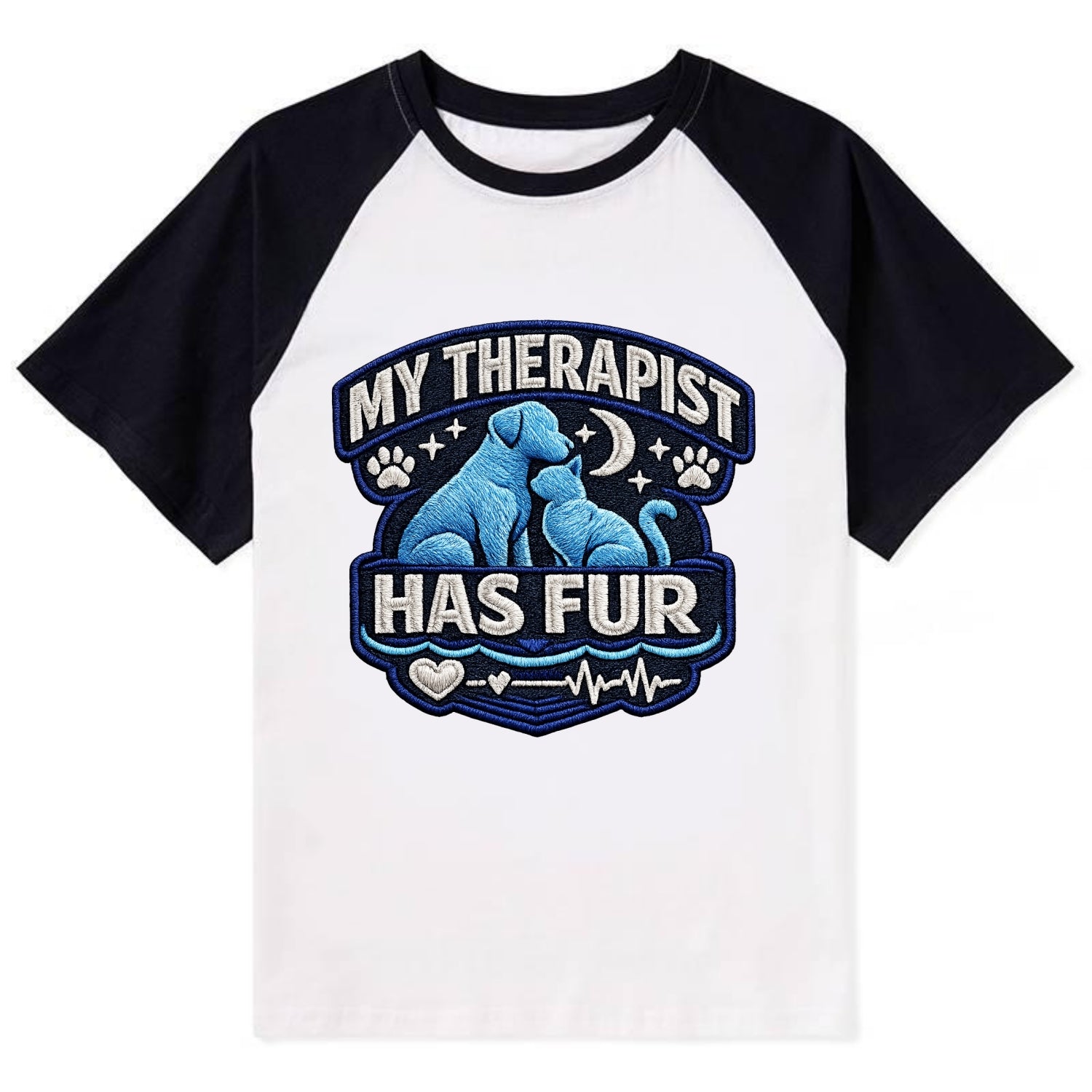 MY THERAPIST HAS FUR - pet silhouette in calming blue , emotional support - Contrast Raglan T-shirt - Black
