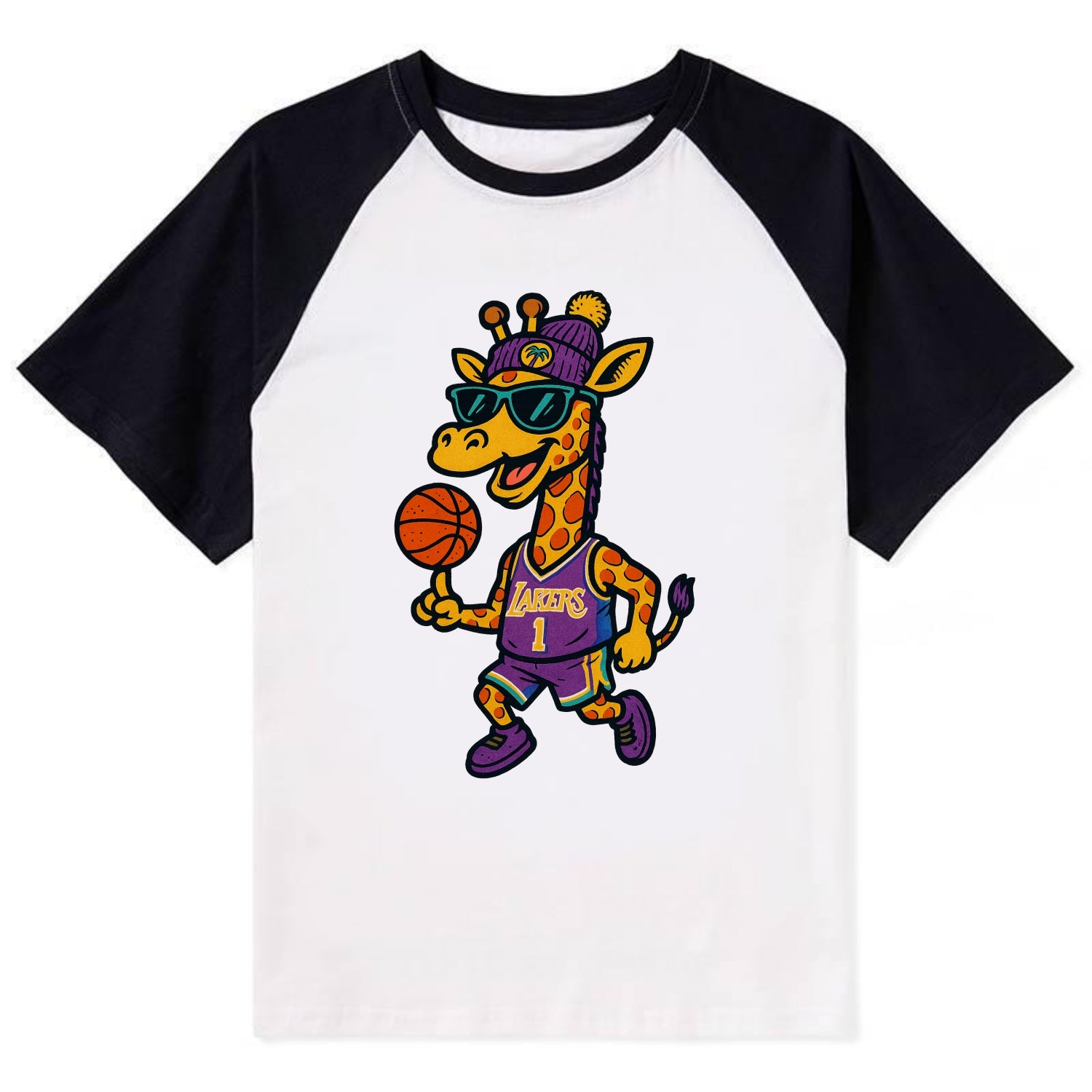California Giraffe wearing Lakers beanie with palm tree patch and - Contrast Raglan T-shirt - Black