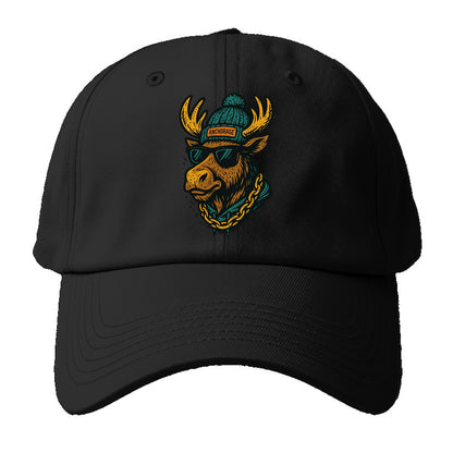 Alaska Moose wearing Anchorage beanie with pom pom and wayfarer sunglasses - Baseball Cap - Black