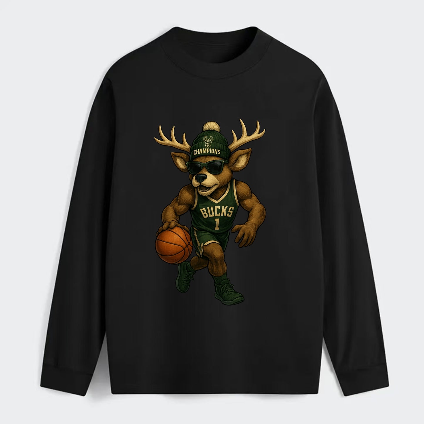 Milwaukee Buck Deer wearing Bucks green and cream beanie with antlers - Classic Long Sleeve Shirt - Black