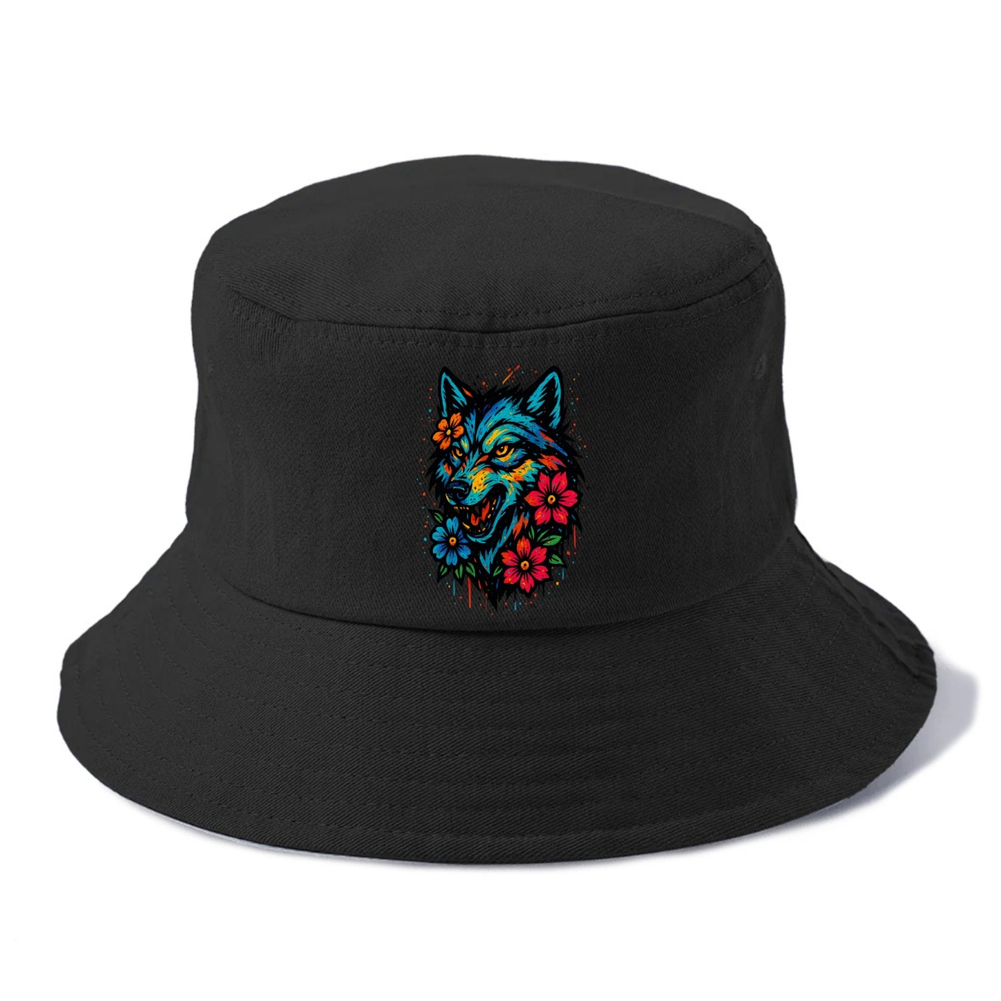 Floral Wolf Garden  - Bucket Hat - Black