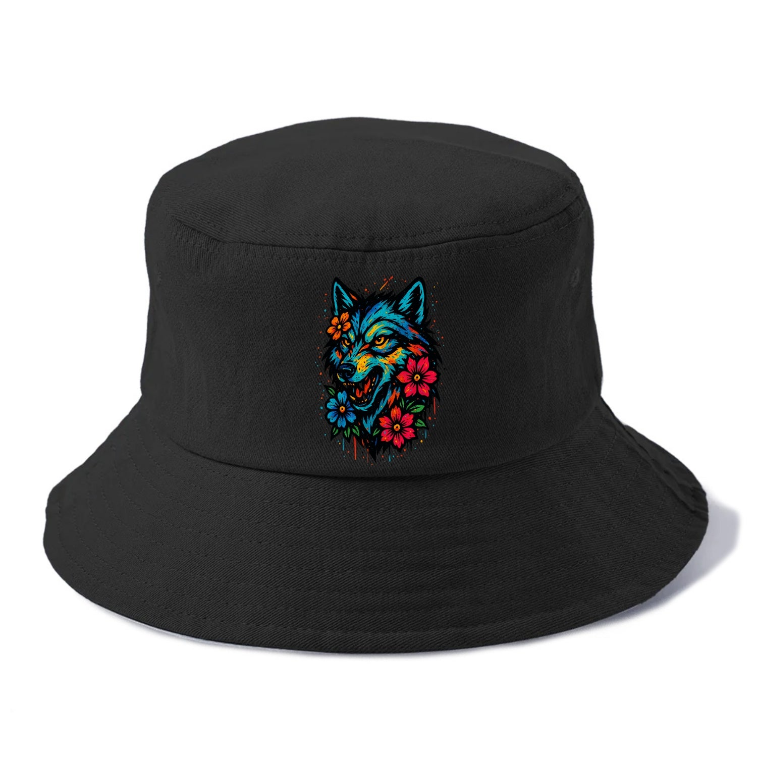Floral Wolf Garden  - Bucket Hat - Black