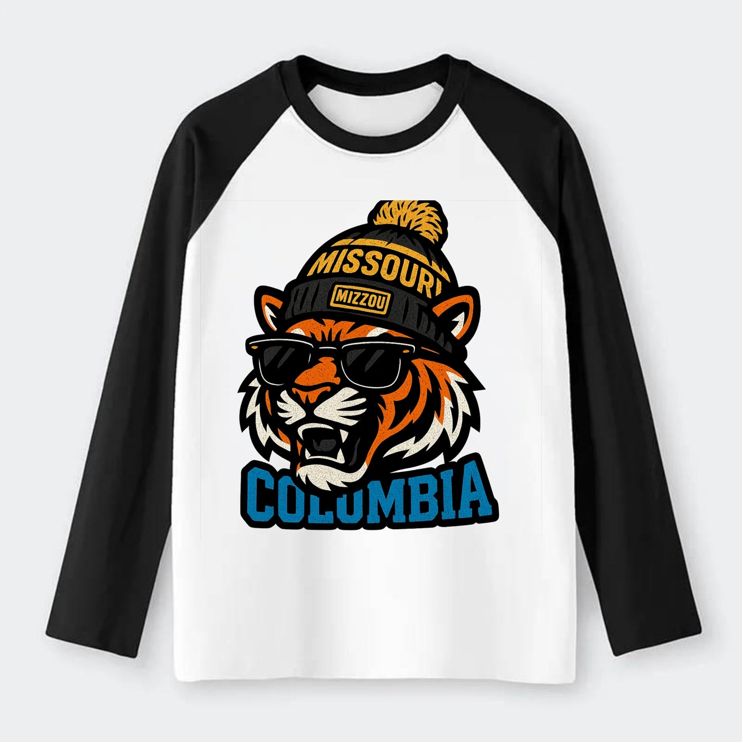Columbia Tiger wearing Missouri beanie with Mizzou patch - Raglan Long Sleeve T-Shirt - Black