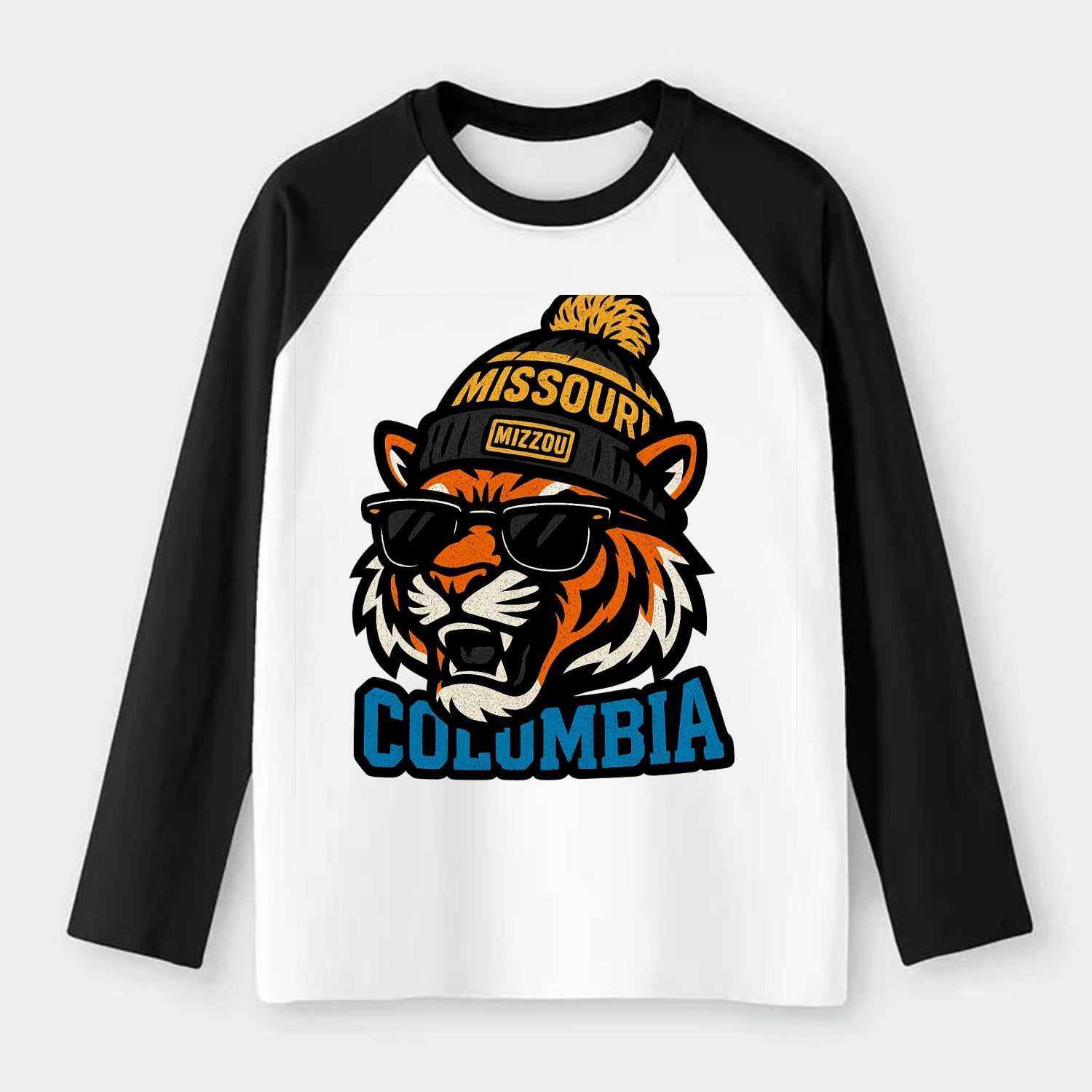 Columbia Tiger wearing Missouri beanie with Mizzou patch - Raglan Long Sleeve T-Shirt - Black
