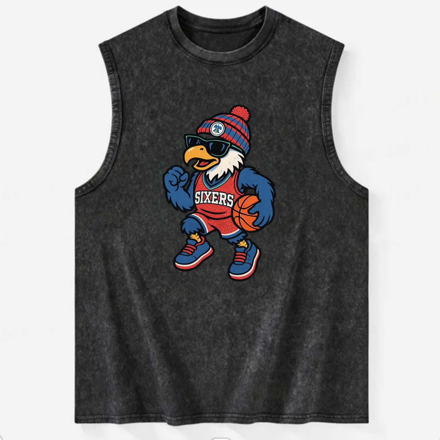 Philadelphia Eagle wearing 76ers red white and blue beanie with bell patch - Vintage Washed Tank - Black