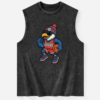 Philadelphia Eagle wearing 76ers red white and blue beanie with bell patch - Vintage Washed Tank - Black