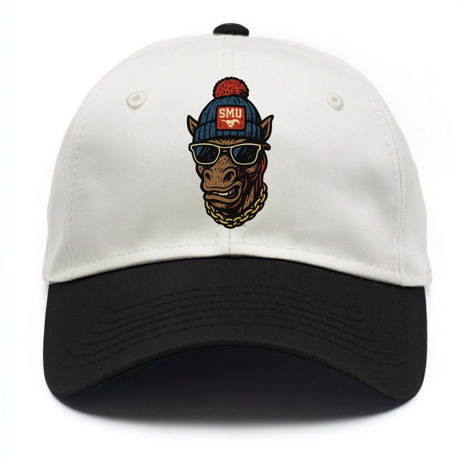 Dallas Mustang wearing SMU beanie with pony patch - Two Tone Cap - Black