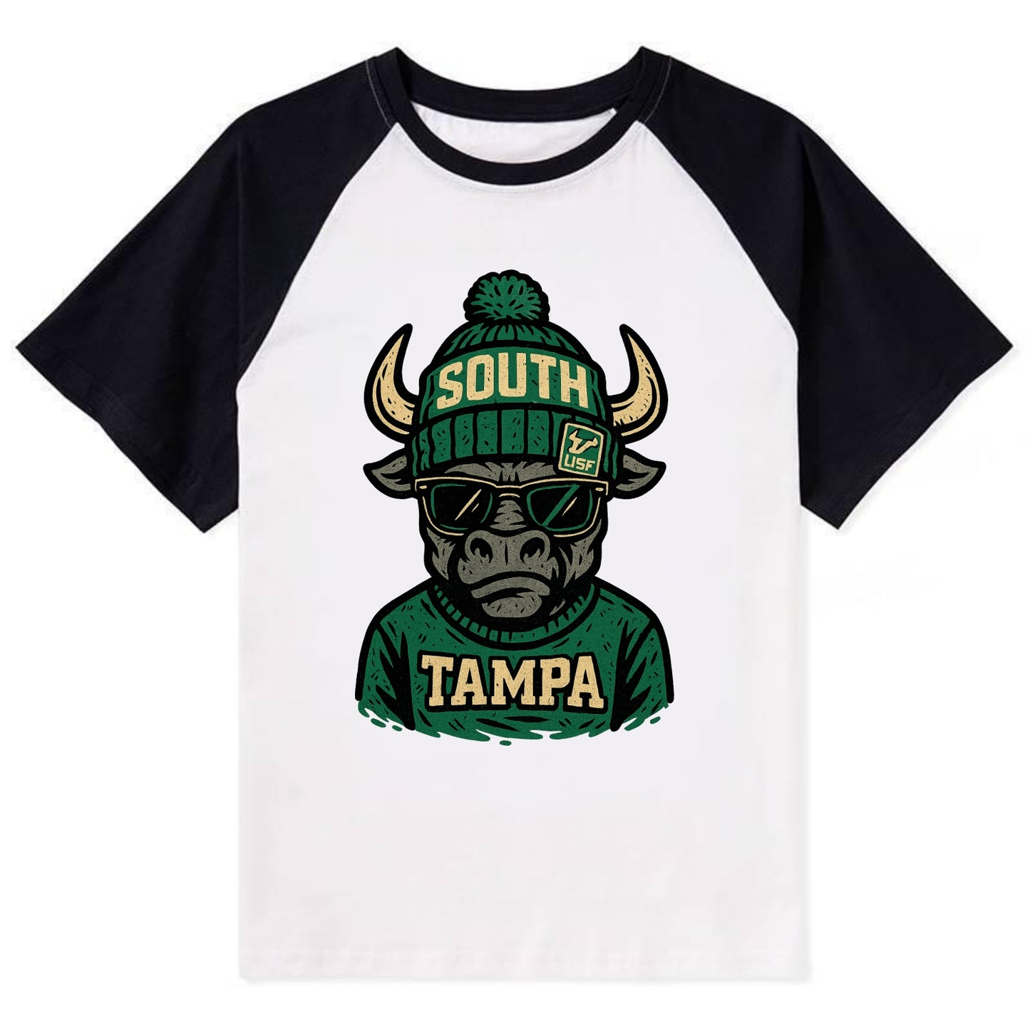 Tampa Bull wearing South Florida beanie with USF patch - Contrast Raglan T-shirt - Black