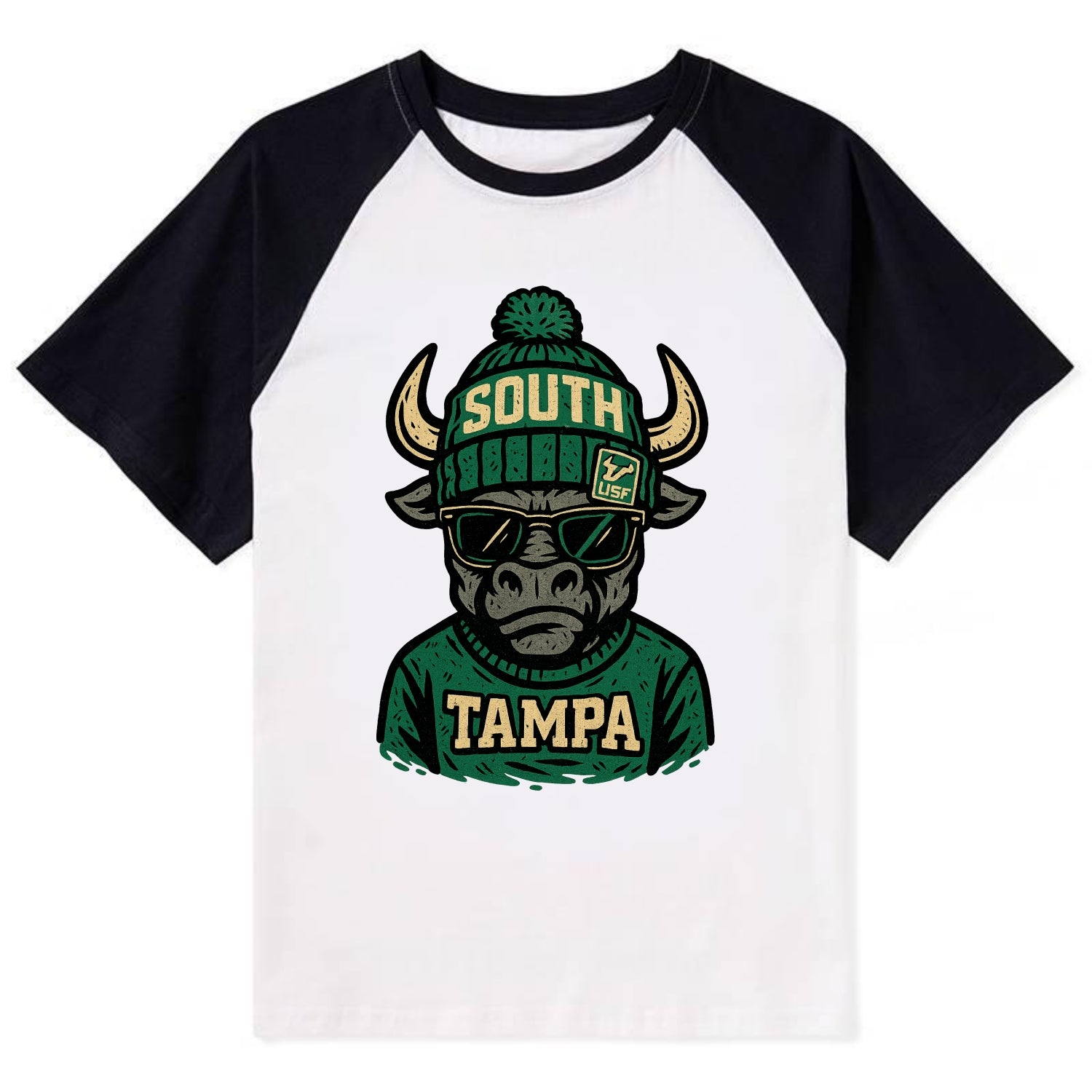 Tampa Bull wearing South Florida beanie with USF patch - Contrast Raglan T-shirt - Black