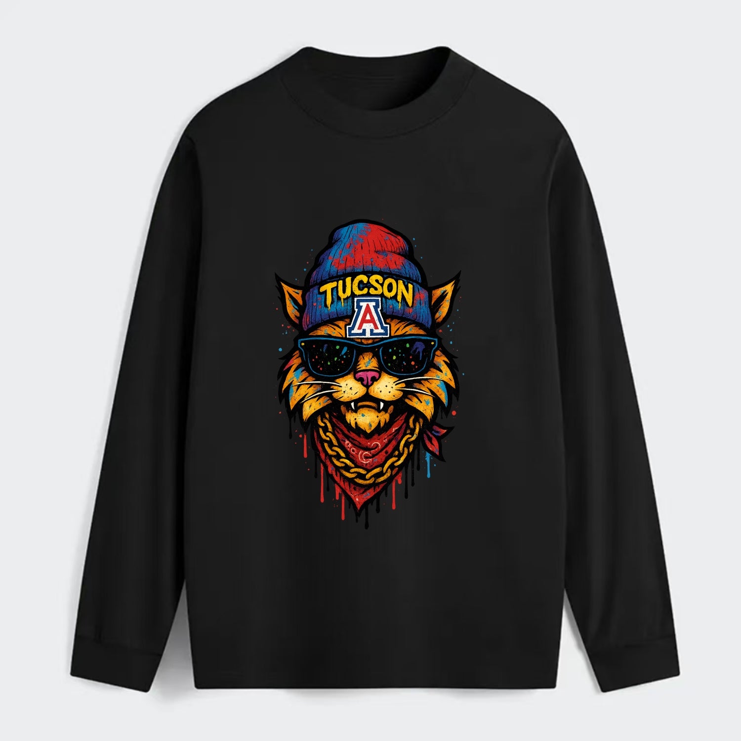 Tucson Wildcat wearing Arizona beanie with A patch - Classic Long Sleeve Shirt - Black