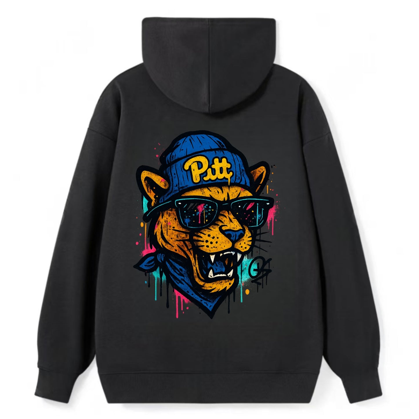 Pittsburgh Panther wearing Pitt beanie with script patch - Classic Pullover Hoodie - Black