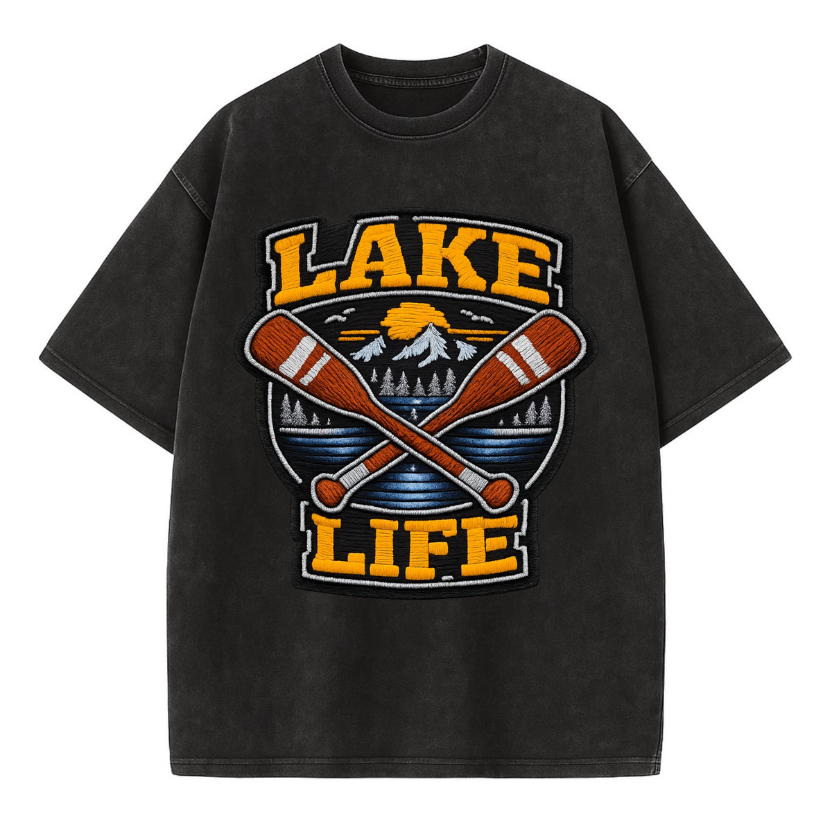 CANOE PADDLE - wooden paddle crossed in brown and cream , lake life - Vintage T-shirt - Black