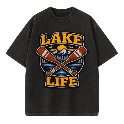 CANOE PADDLE - wooden paddle crossed in brown and cream , lake life - Vintage T-shirt - Black