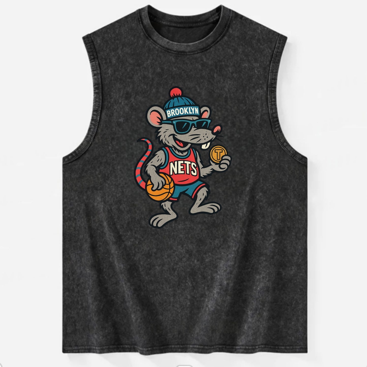Brooklyn Rat wearing Nets beanie with subway token and wayfarer sunglasses - Vintage Washed Tank - Black