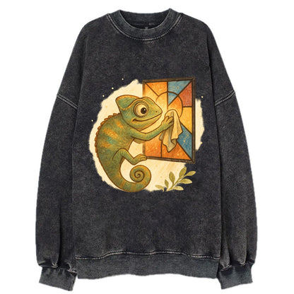 Chameleon blending into a stained-glass window it is polishing with delicate - Vintage Sweatshirt - Black