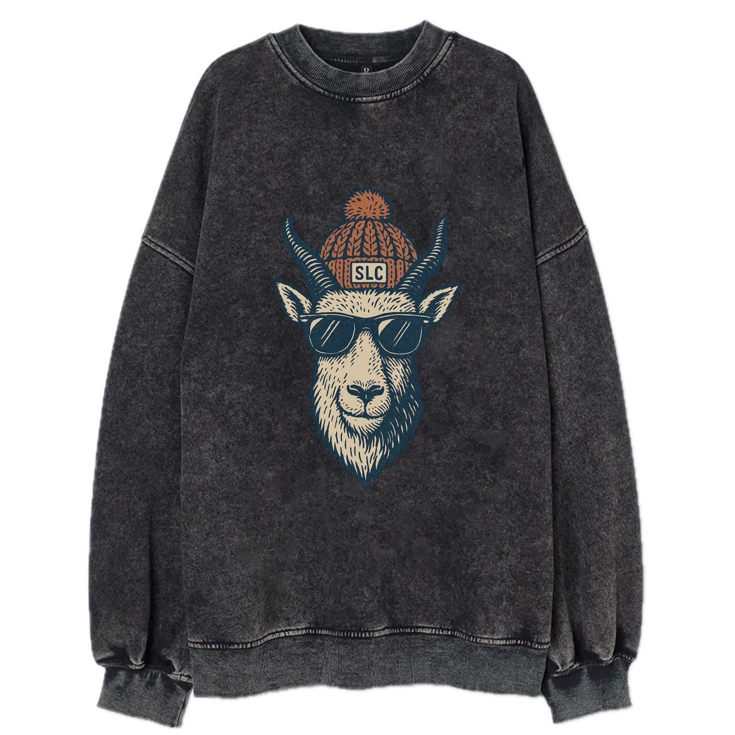 Salt Lake City Mountain Goat wearing SLC beanie with pom pom and wayfarer - Vintage Sweatshirt - Black