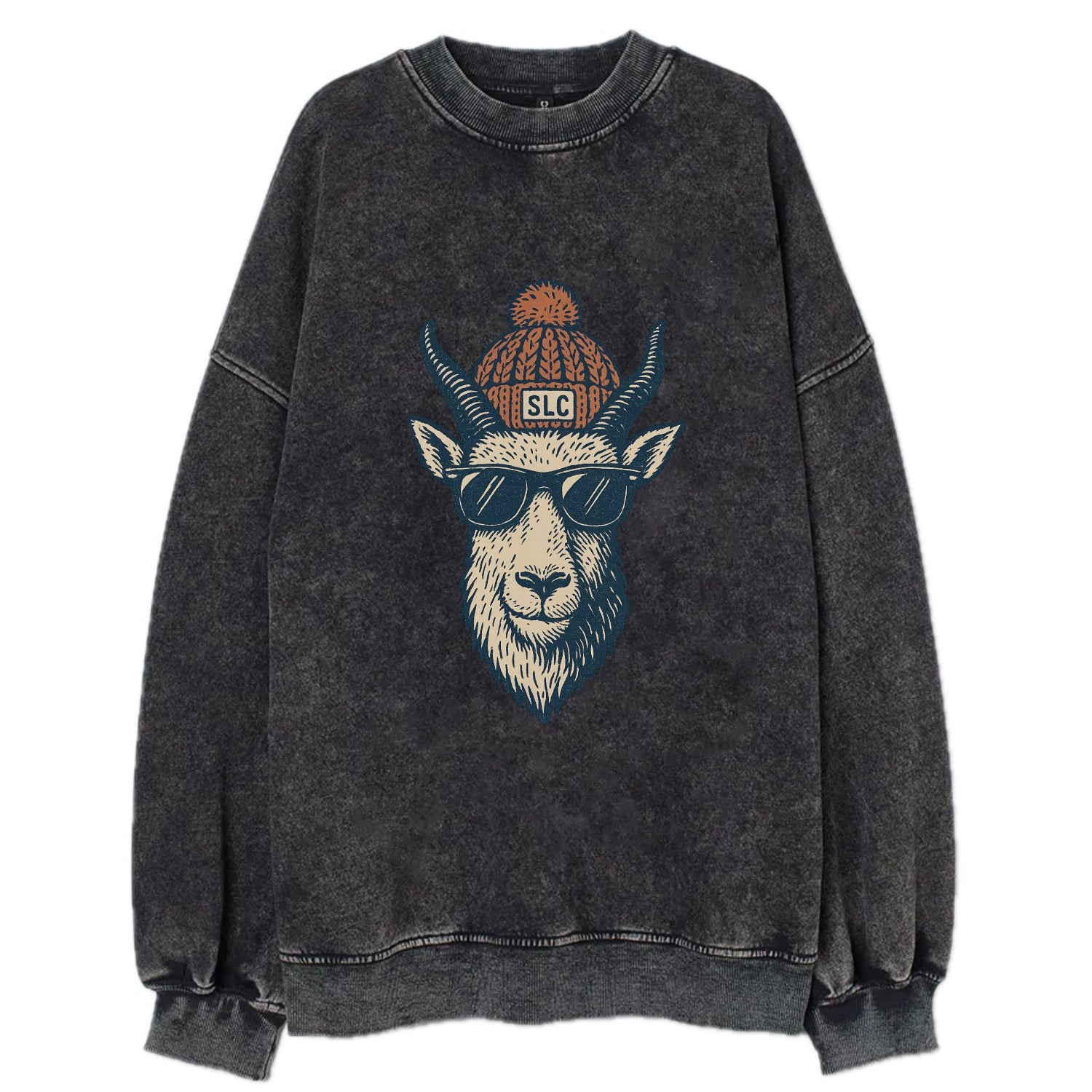 Salt Lake City Mountain Goat wearing SLC beanie with pom pom and wayfarer - Vintage Sweatshirt - Black