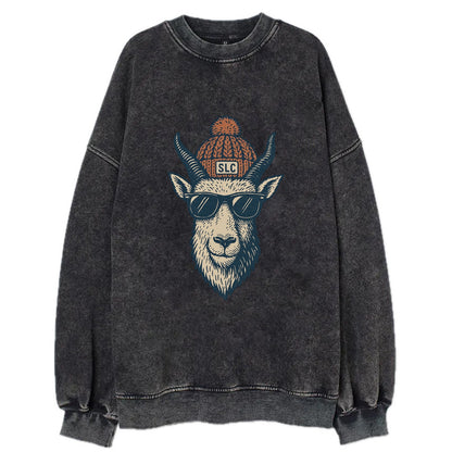 Salt Lake City Mountain Goat wearing SLC beanie with pom pom and wayfarer - Vintage Sweatshirt - Black