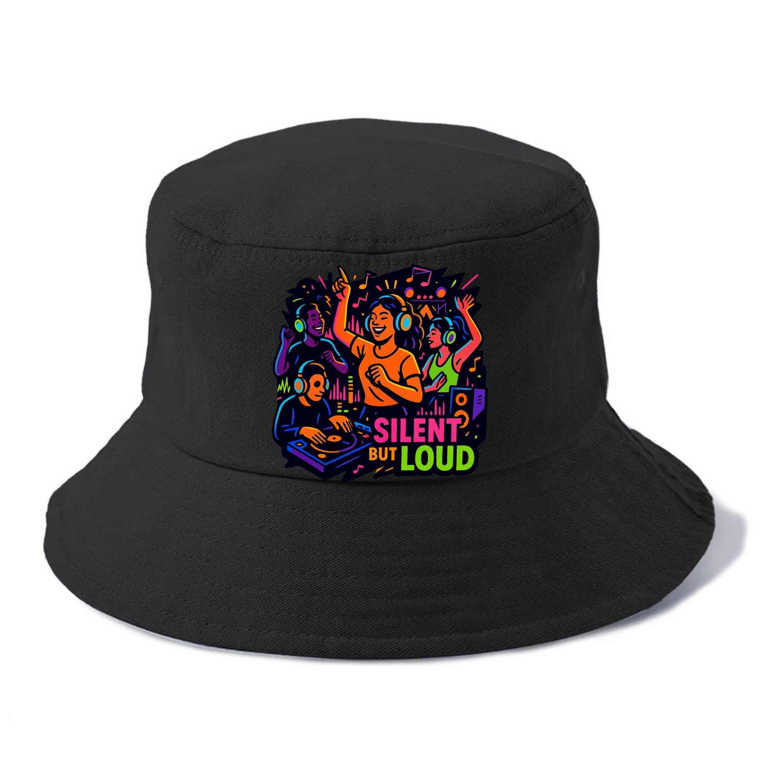 Silent disco dancers with glowing headphones - "Silent But Loud" - unique concert - Bucket Hat - Black