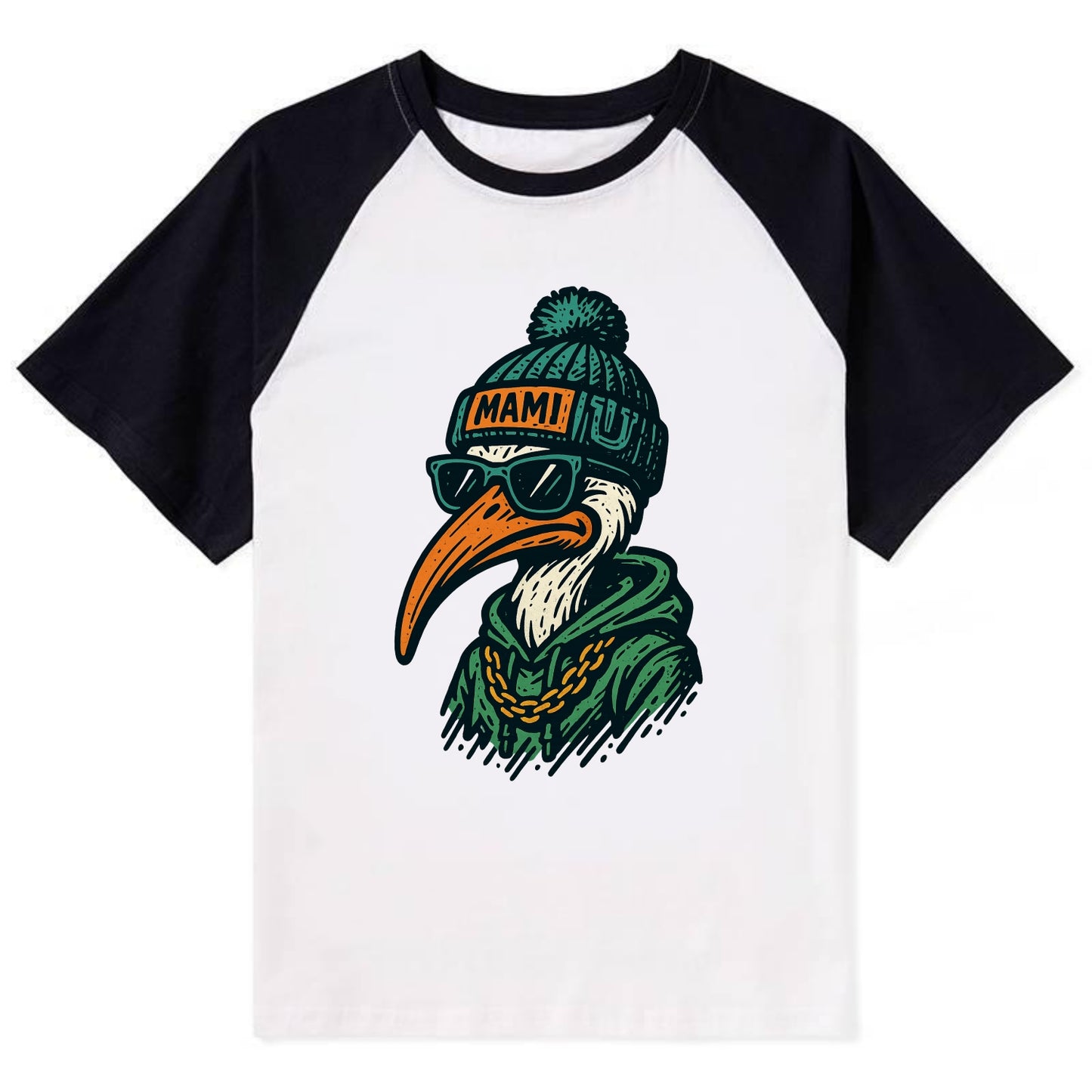 Coral Gables Ibis wearing Miami beanie with U patch - Contrast Raglan T-shirt - Black