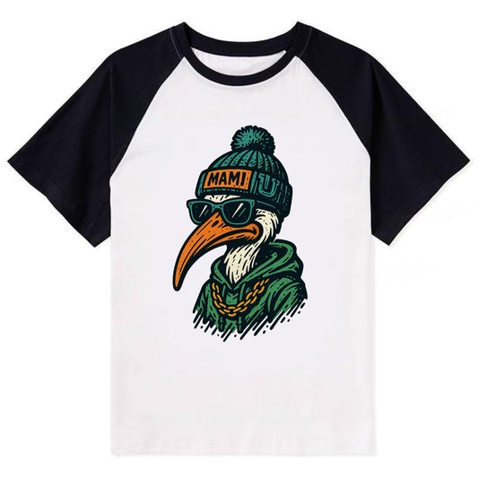 Coral Gables Ibis wearing Miami beanie with U patch - Contrast Raglan T-shirt - Black