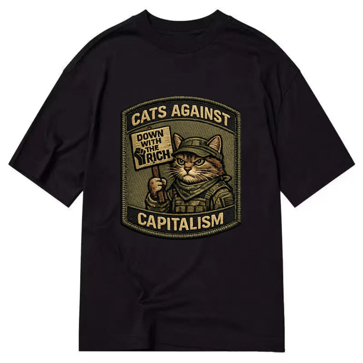CATS AGAINST CAPITALISM - cat with protest sign in red , political cat - Classic T-shirt - Black