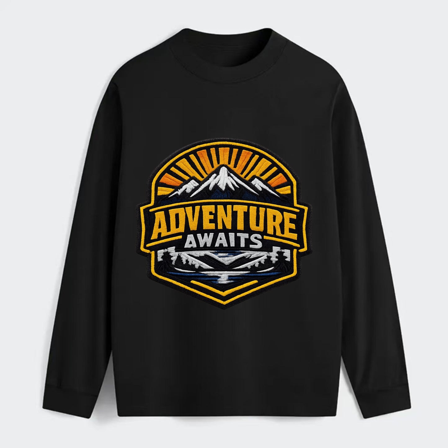 ADVENTURE AWAITS - mountain sunrise with text in gold and blue , - Classic Long Sleeve Shirt - Black