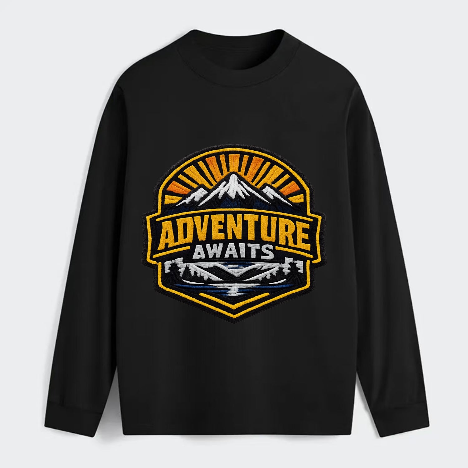 ADVENTURE AWAITS - mountain sunrise with text in gold and blue , - Classic Long Sleeve Shirt - Black