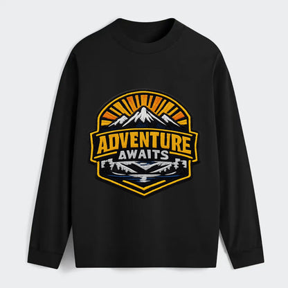 ADVENTURE AWAITS - mountain sunrise with text in gold and blue , - Classic Long Sleeve Shirt - Black