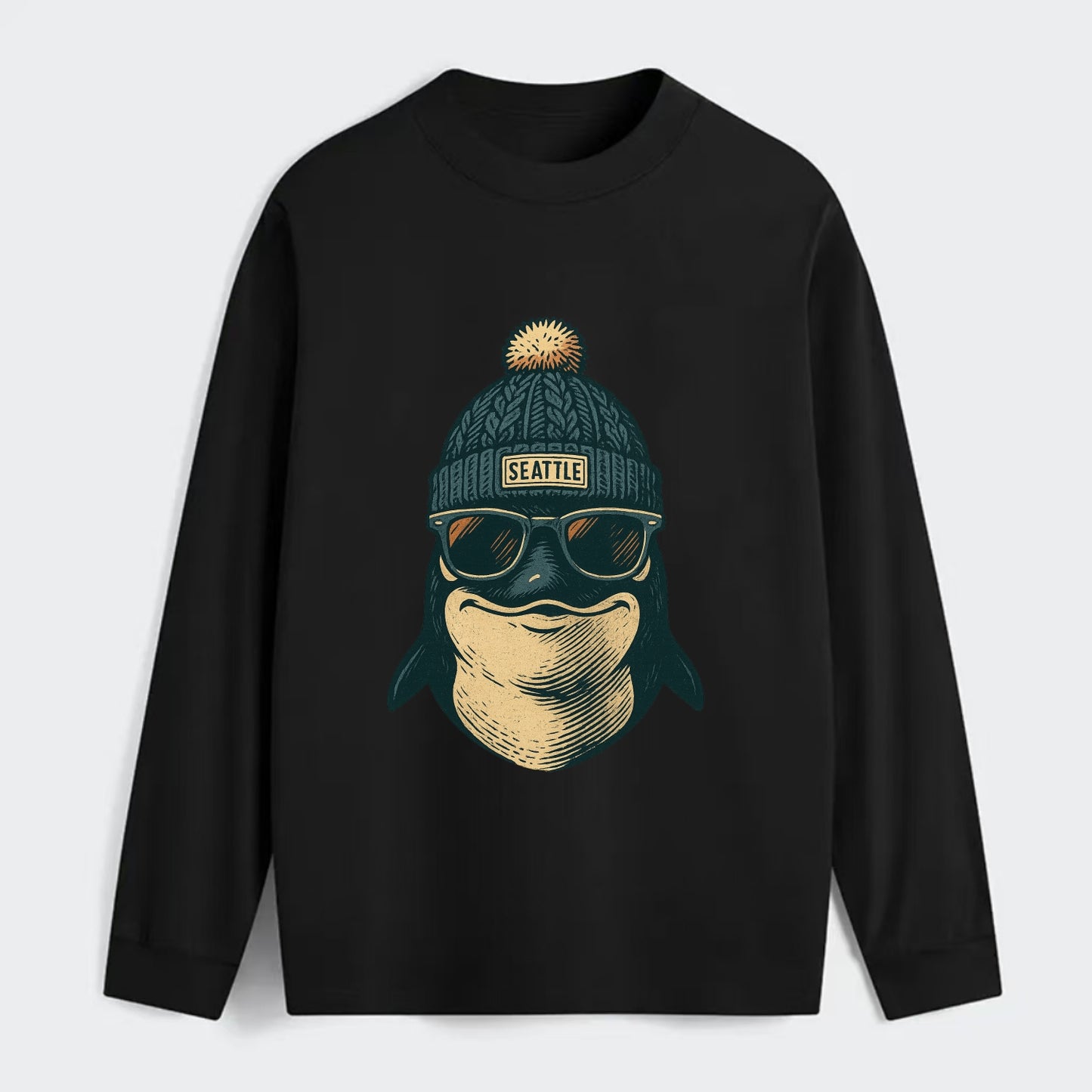 Washington Orca wearing Seattle beanie with pom pom and wayfarer - Classic Long Sleeve Shirt - Black