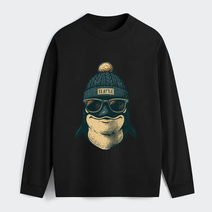 Washington Orca wearing Seattle beanie with pom pom and wayfarer - Classic Long Sleeve Shirt - Black