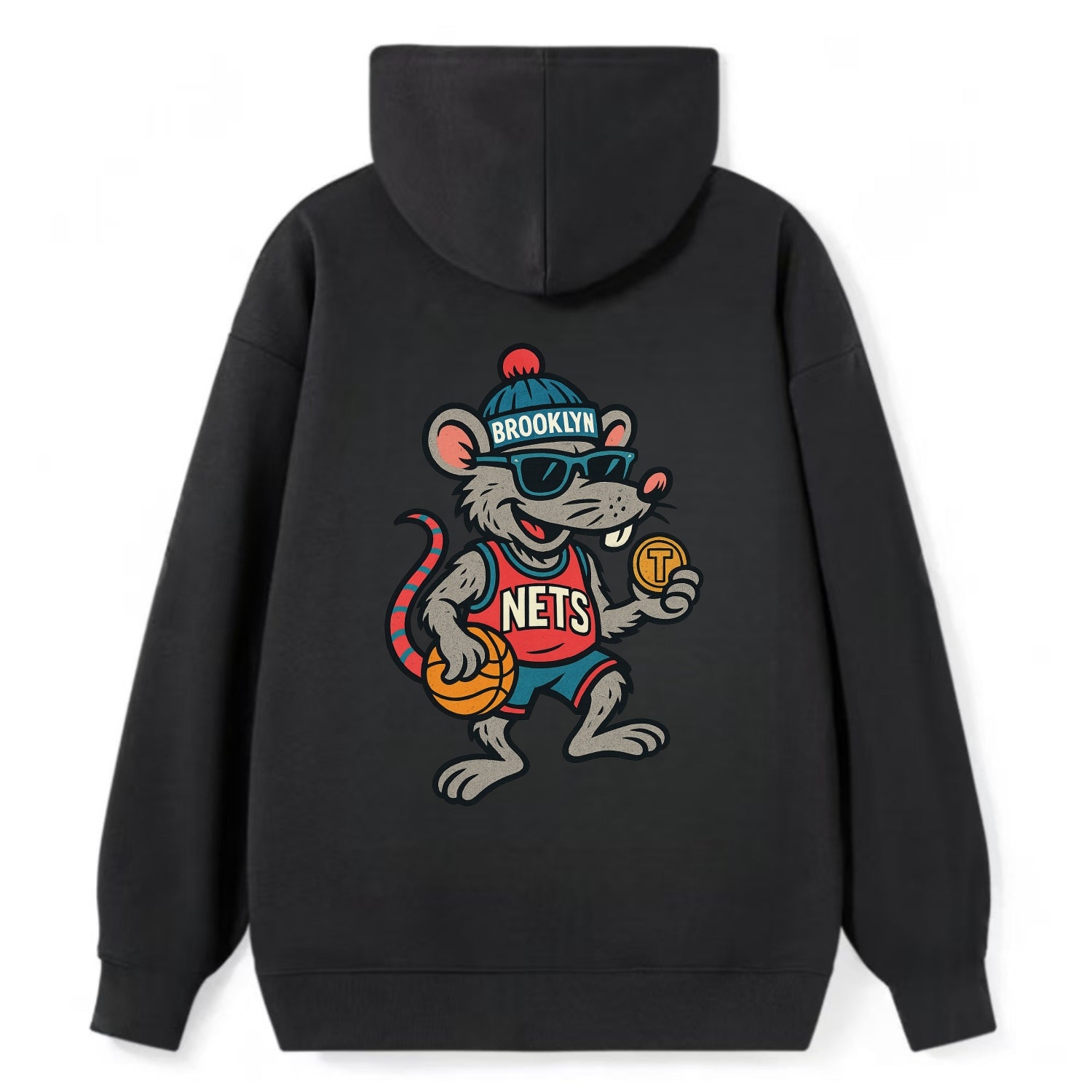 Brooklyn Rat wearing Nets beanie with subway token and wayfarer sunglasses - Classic Pullover Hoodie - Black