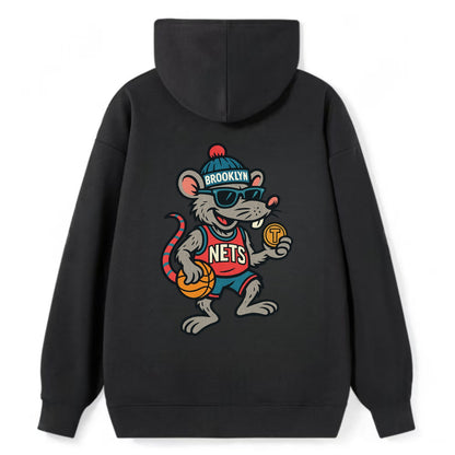 Brooklyn Rat wearing Nets beanie with subway token and wayfarer sunglasses - Classic Pullover Hoodie - Black