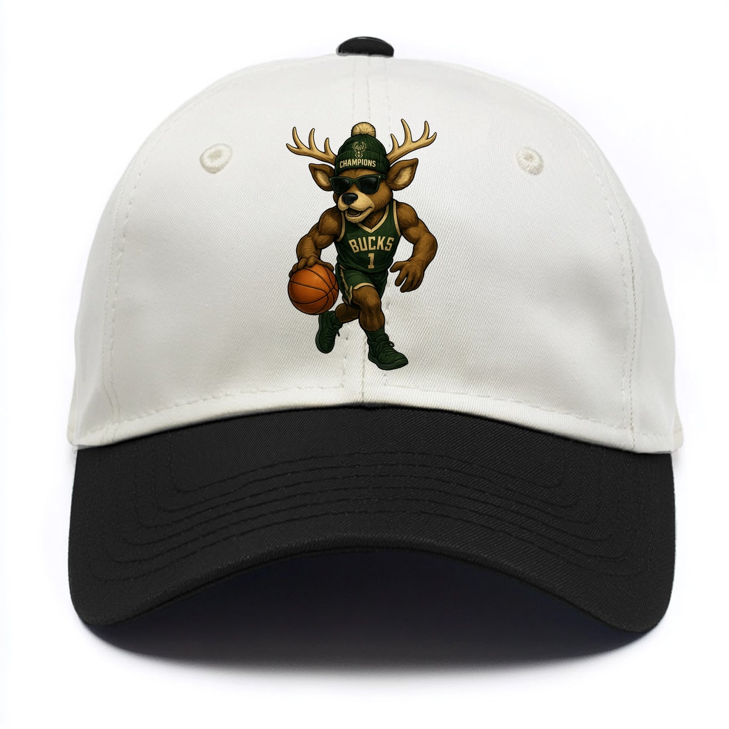 Milwaukee Buck Deer wearing Bucks green and cream beanie with antlers and wayfarer - Two Tone Cap - Black