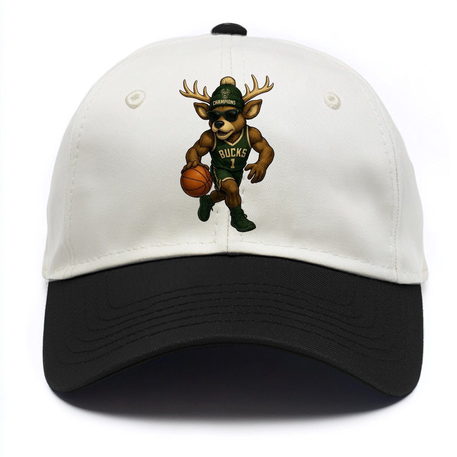Milwaukee Buck Deer wearing Bucks green and cream beanie with antlers and wayfarer - Two Tone Cap - Black