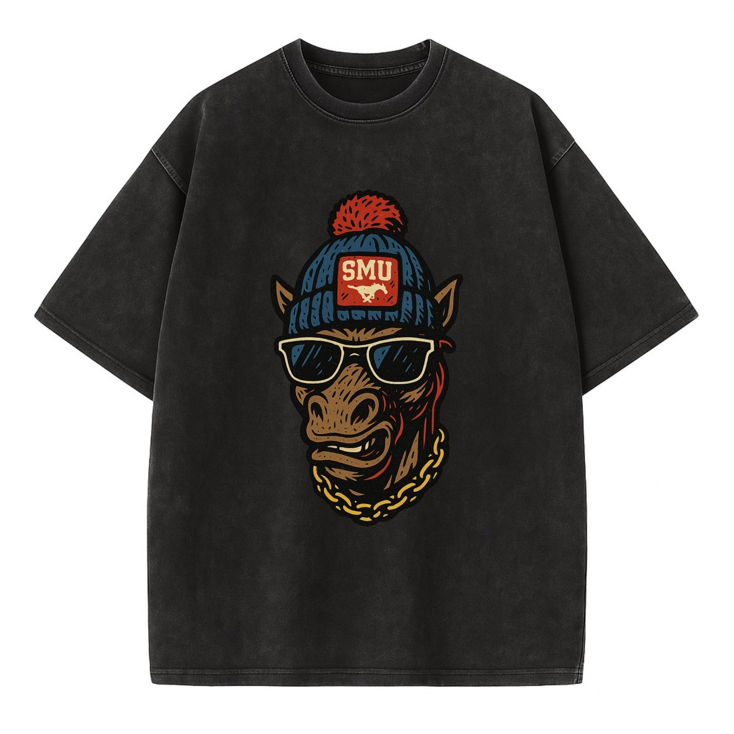 Dallas Mustang wearing SMU beanie with pony patch - Vintage T-shirt - Black