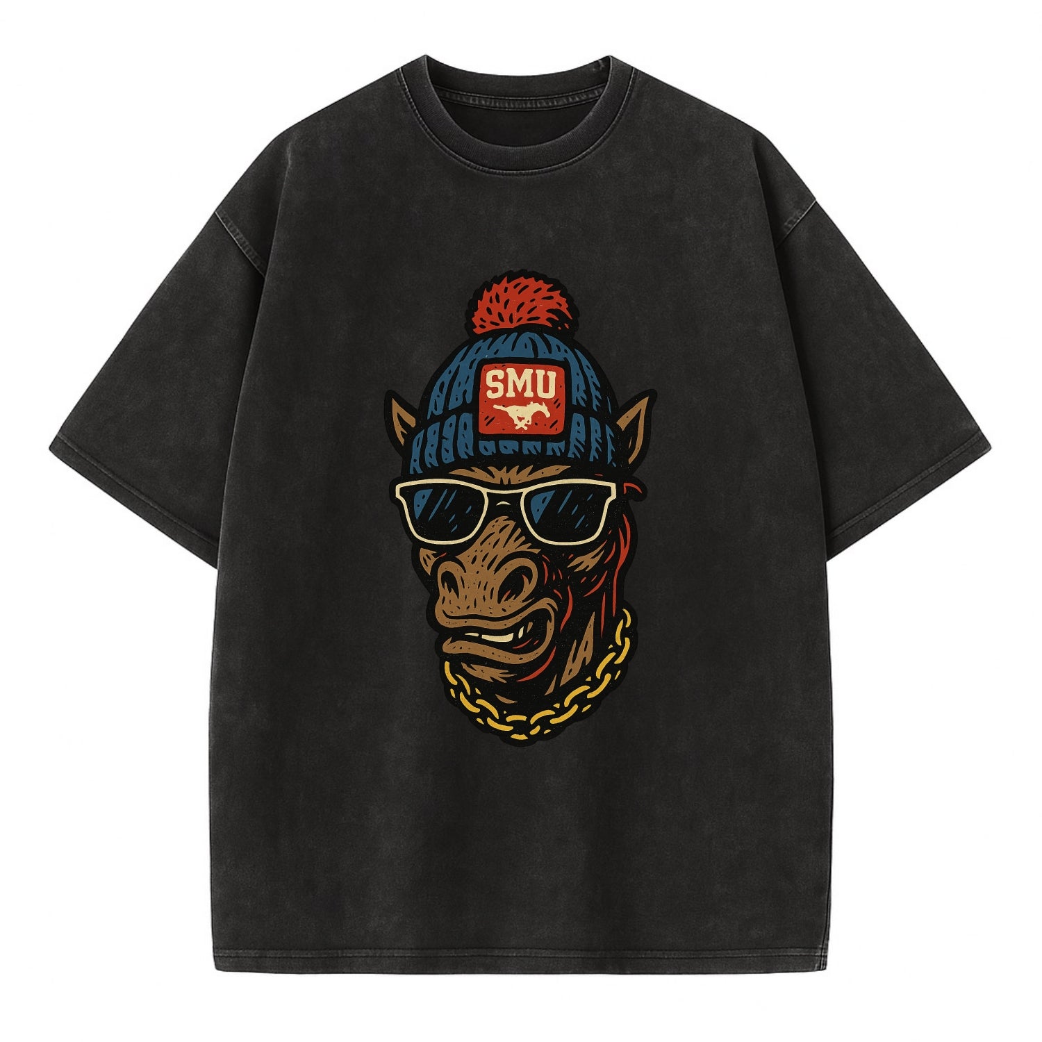 Dallas Mustang wearing SMU beanie with pony patch - Vintage T-shirt - Black
