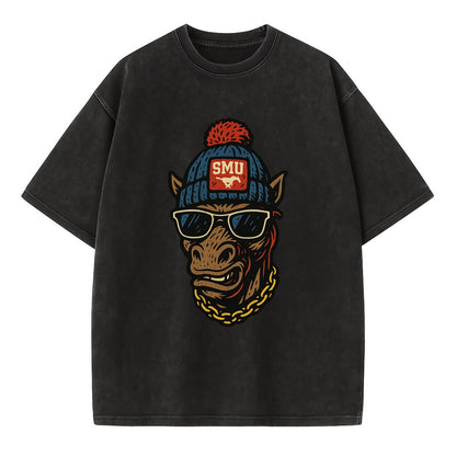 Dallas Mustang wearing SMU beanie with pony patch - Vintage T-shirt - Black