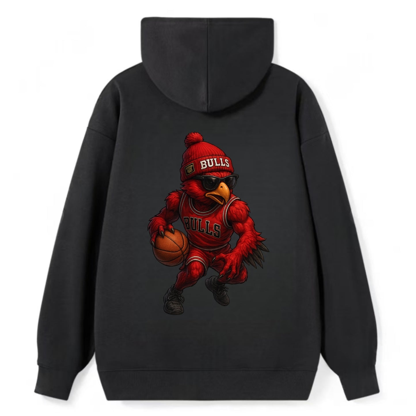 Windy City Hawk wearing Bulls beanie with six rings patch and wayfarer - Classic Pullover Hoodie - Black