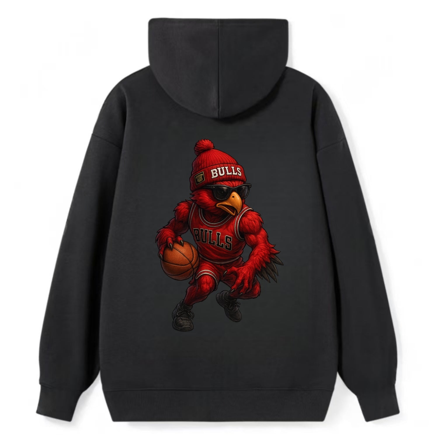 Windy City Hawk wearing Bulls beanie with six rings patch and wayfarer - Classic Pullover Hoodie - Black