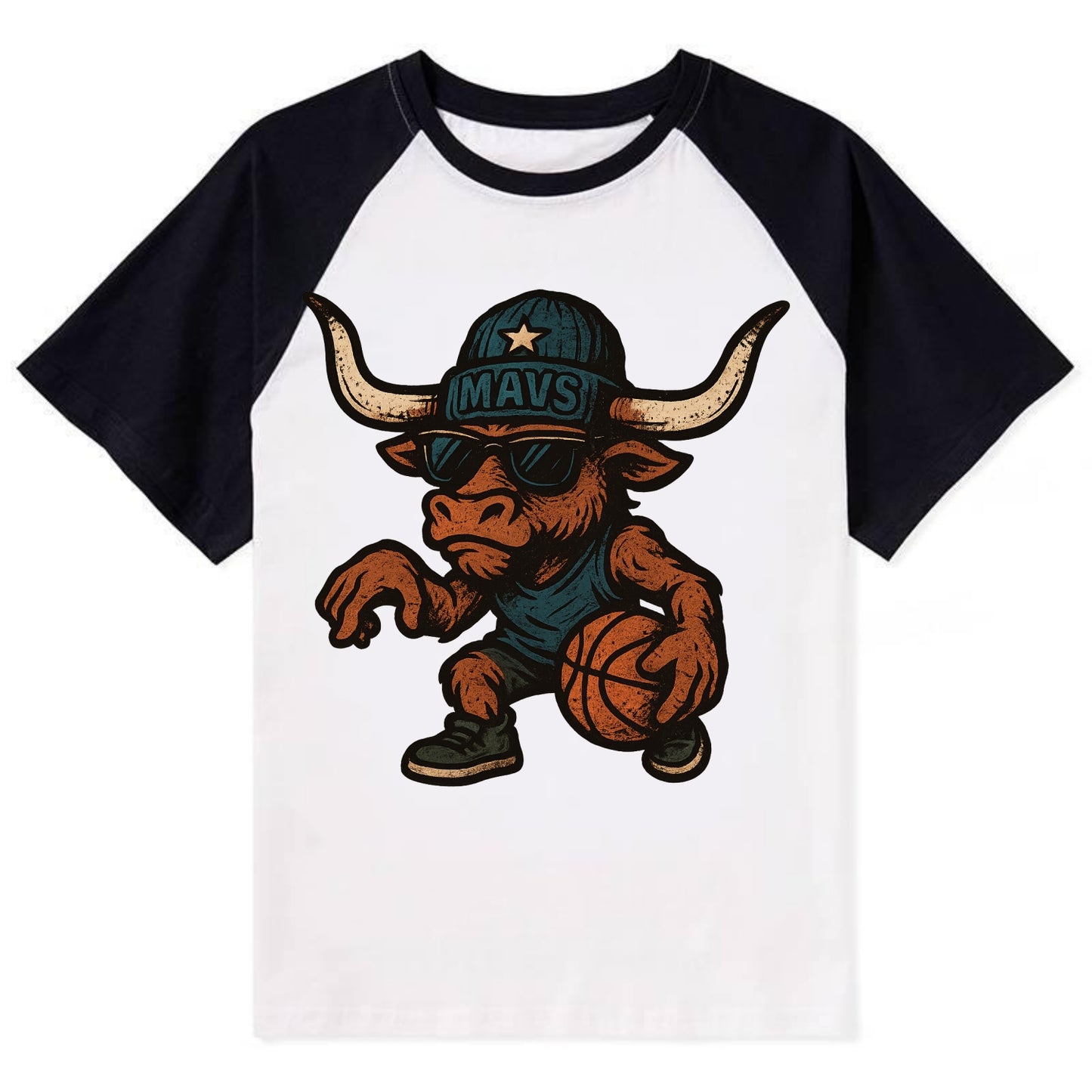 Texas Longhorn wearing Mavs beanie with lone star patch and wayfarer - Contrast Raglan T-shirt - Black