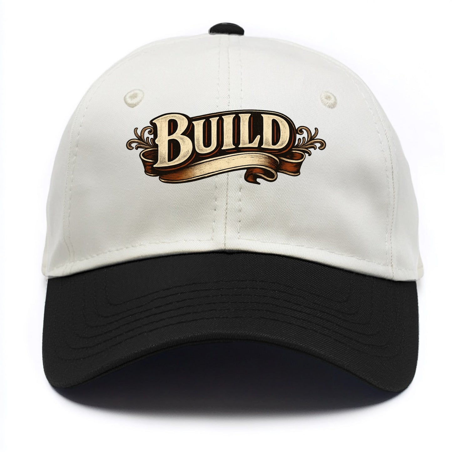 Bold typography design - "BUILD" - constructing, making real - Two Tone Cap - Black