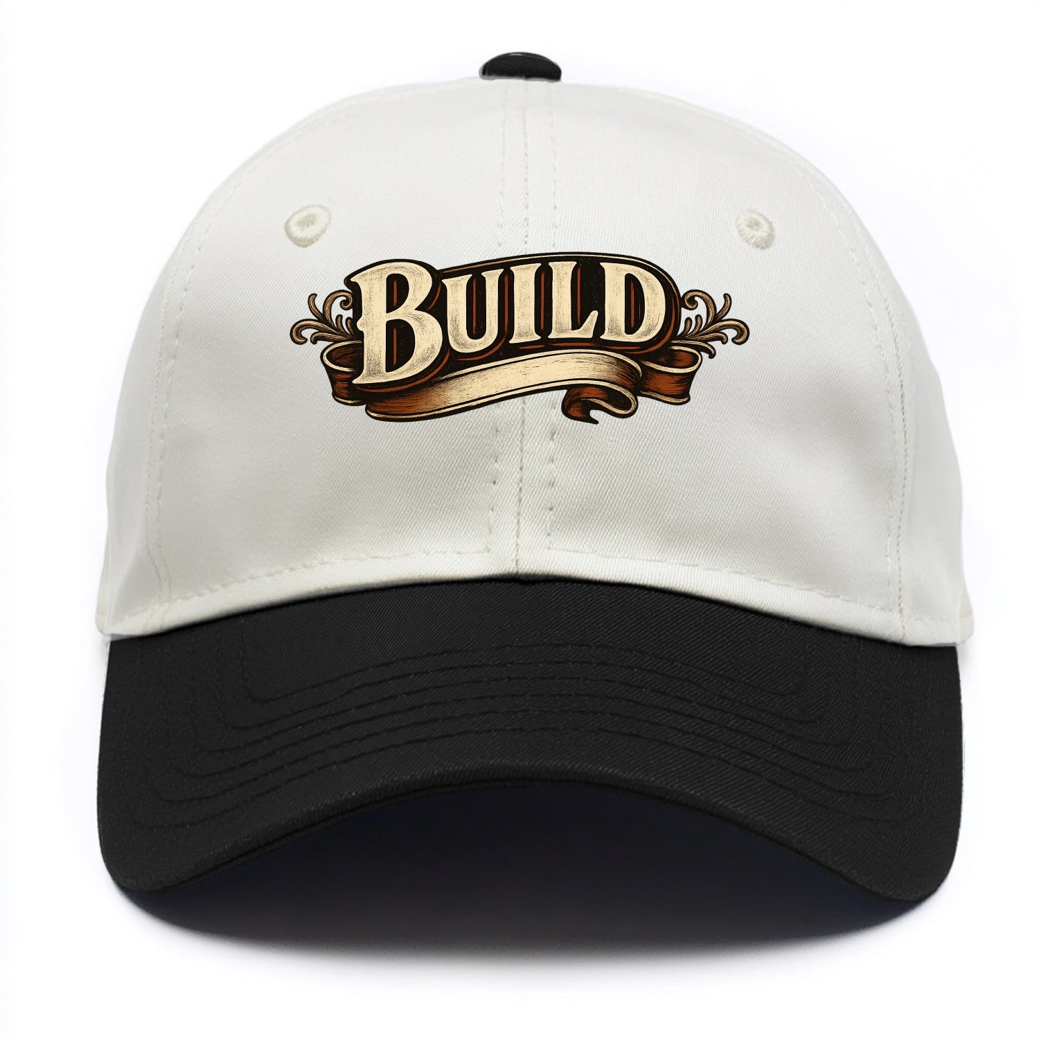 Bold typography design - "BUILD" - constructing, making real - Two Tone Cap - Black