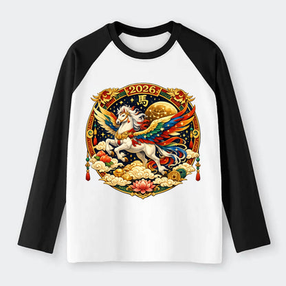 CELESTIAL HORSE | Heavenly horse among clouds and stars | Wings of - Raglan Long Sleeve T-Shirt - Black