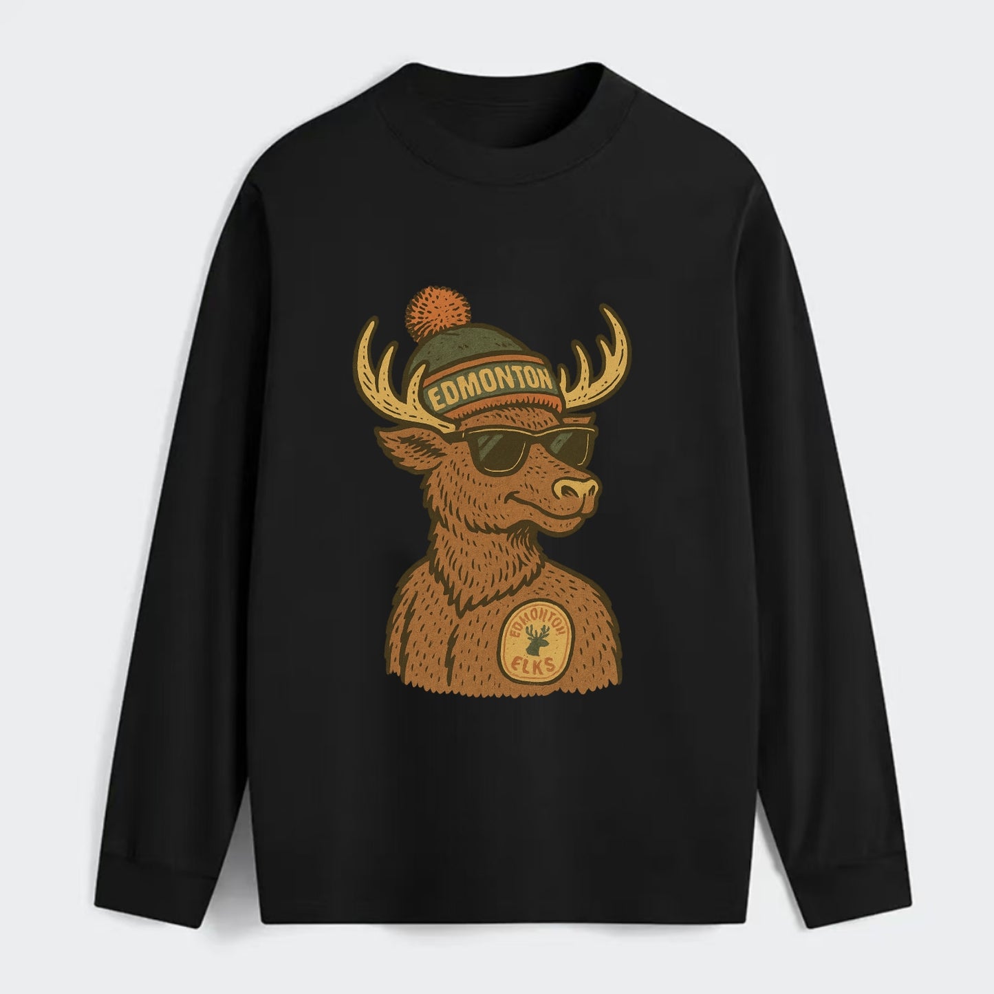Edmonton Elk wearing Edmonton beanie with pom pom and wayfarer - Classic Long Sleeve Shirt - Black